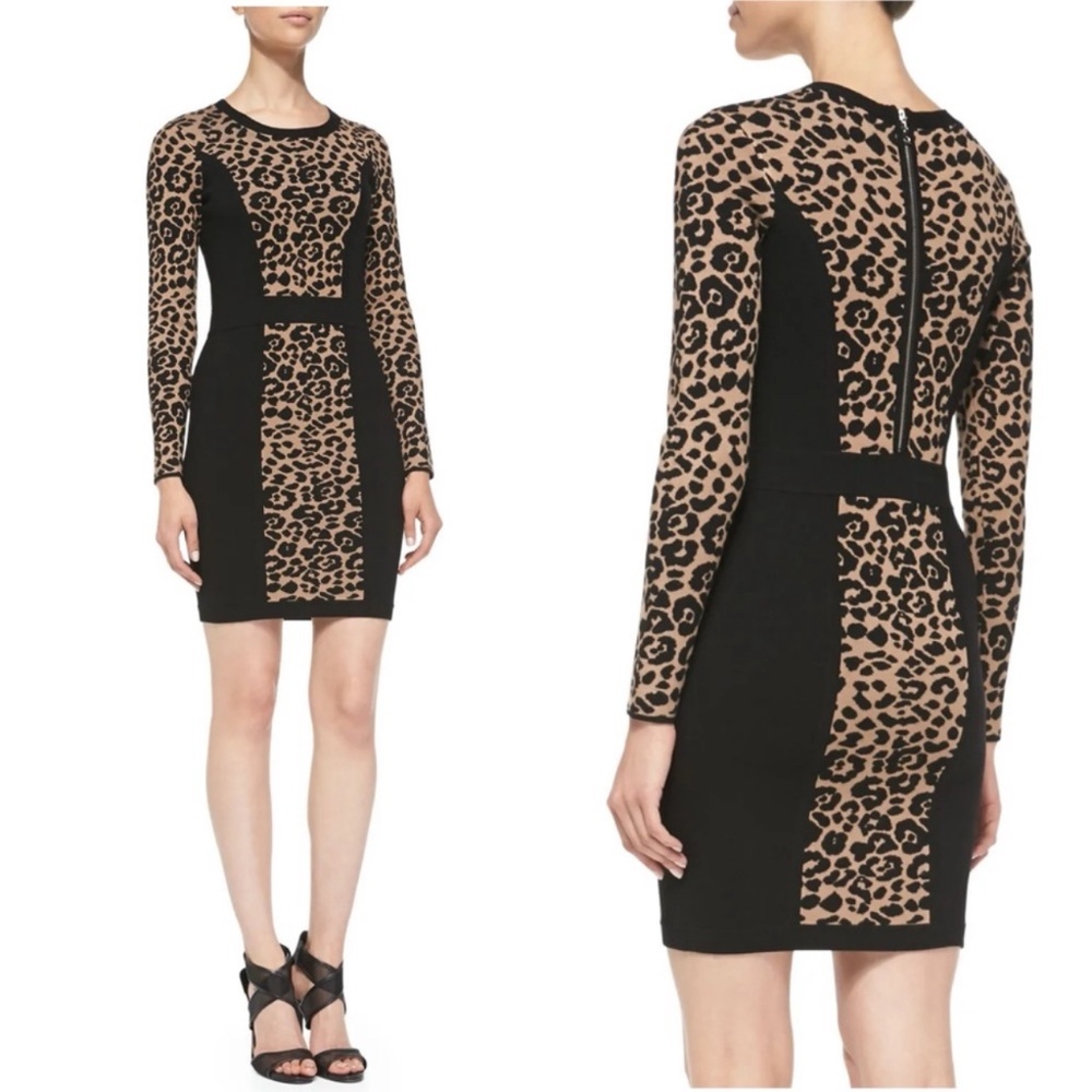 MILLY Cheetah Solid Long-Sleeve Knit Sheath Dress Black Camel
